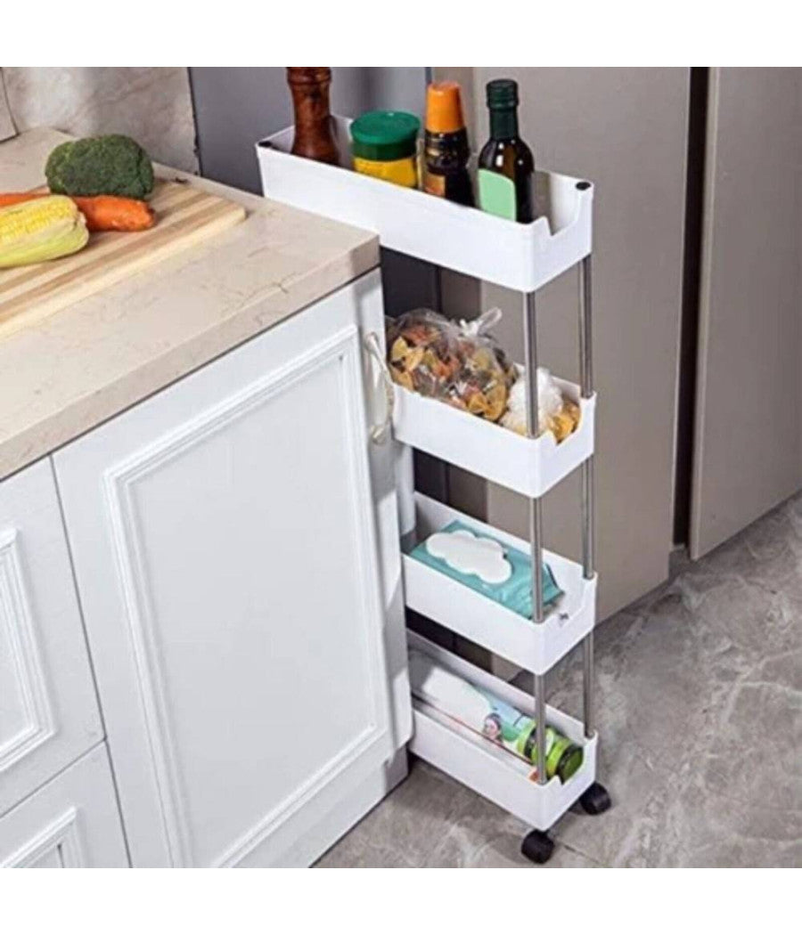 Carrello Salvaspazio Carrellino Slim Cucina Bagno Ripostiglio 3 Ripiani 4 Ruote         
