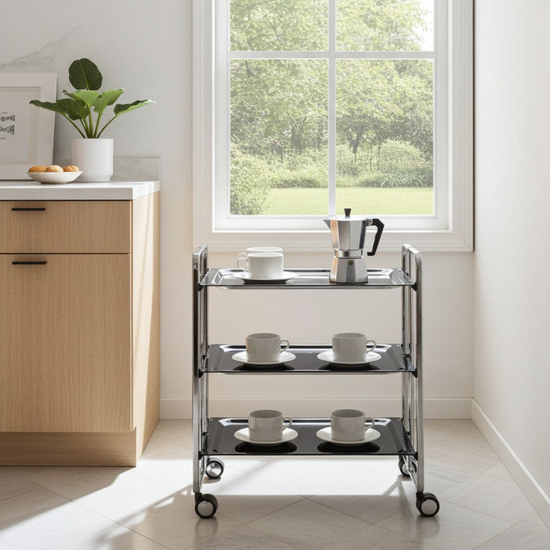 Carrello salvaspazio cucina, pieghevole, 3 ripiani, BAUHAUS. Struttura cromata