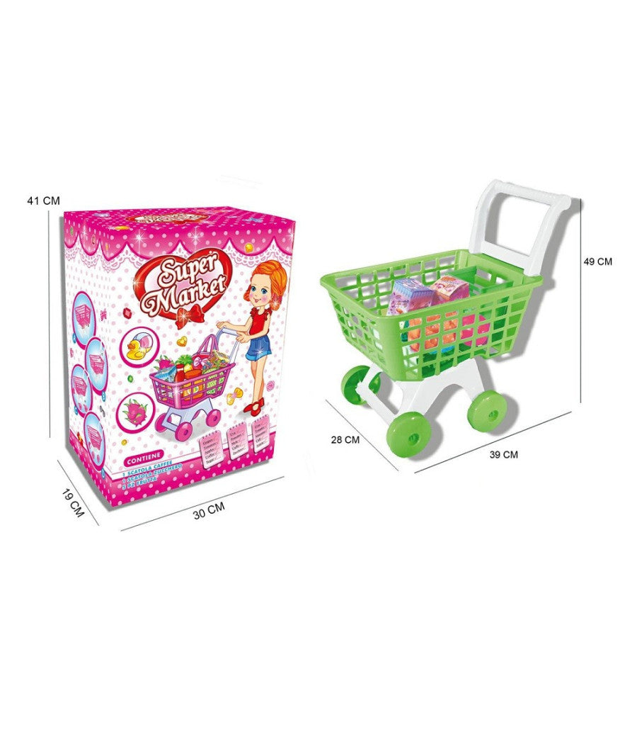 Carrello Spesa Giocattolo Per Bambini Gioco Supermarket Con Set Accessori         