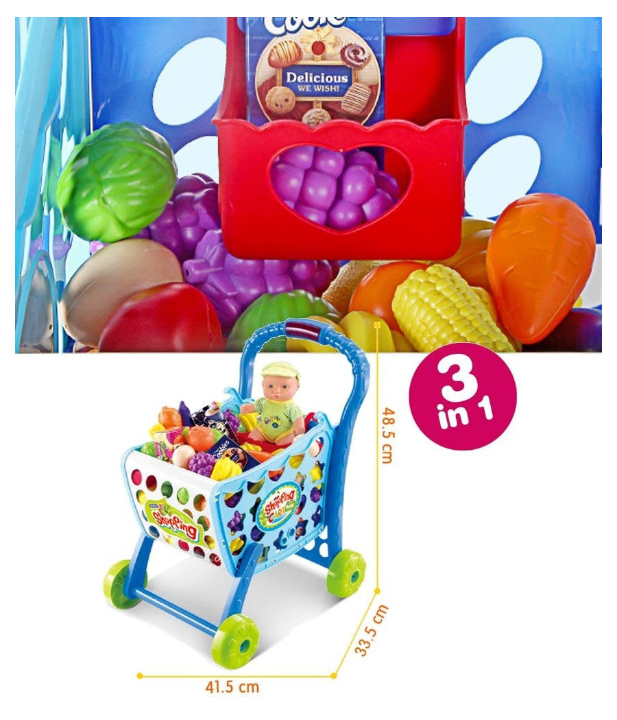 Carrello Spesa Supermarket Per Bambini Rosa Azzurro Con Frutta E Verdura 3in1         