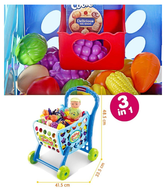 Carrello Spesa Supermarket Per Bambini Rosa Azzurro Con Frutta E Verdura 3in1         