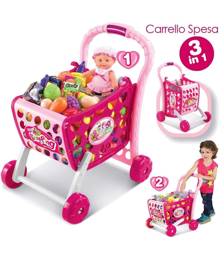Carrello Spesa Supermarket Per Bambini Rosa Azzurro Con Frutta E Verdura 3in1         