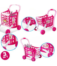 Carrello Spesa Supermarket Per Bambini Rosa Azzurro Con Frutta E Verdura 3in1         