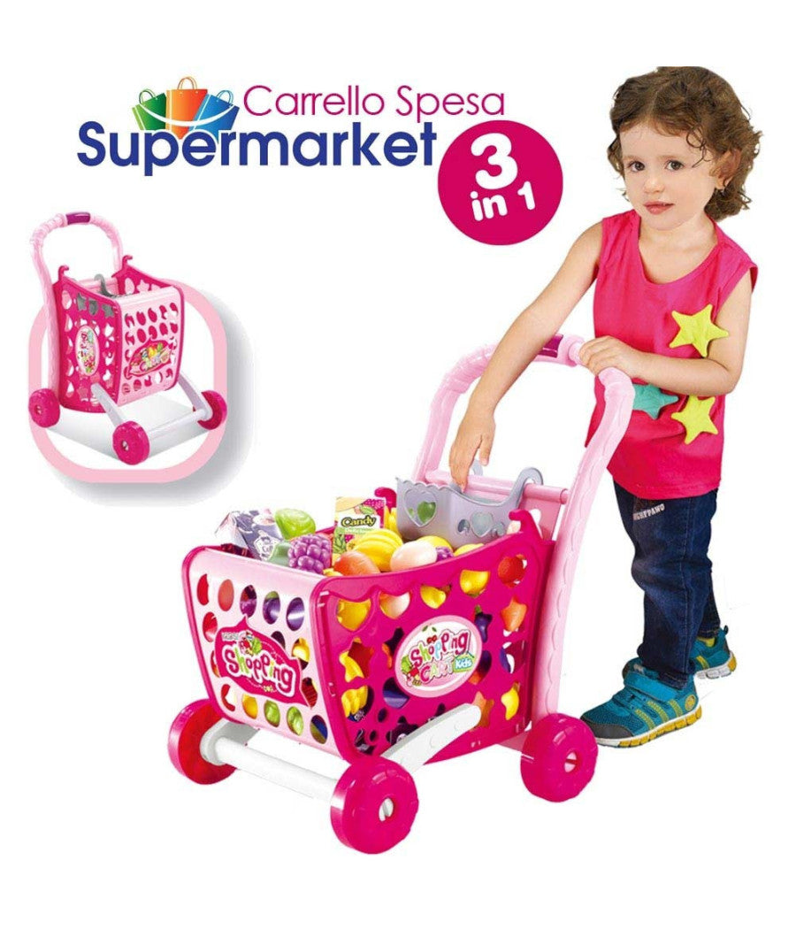 Carrello Spesa Supermarket Per Bambini Rosa Azzurro Con Frutta E Verdura 3in1         