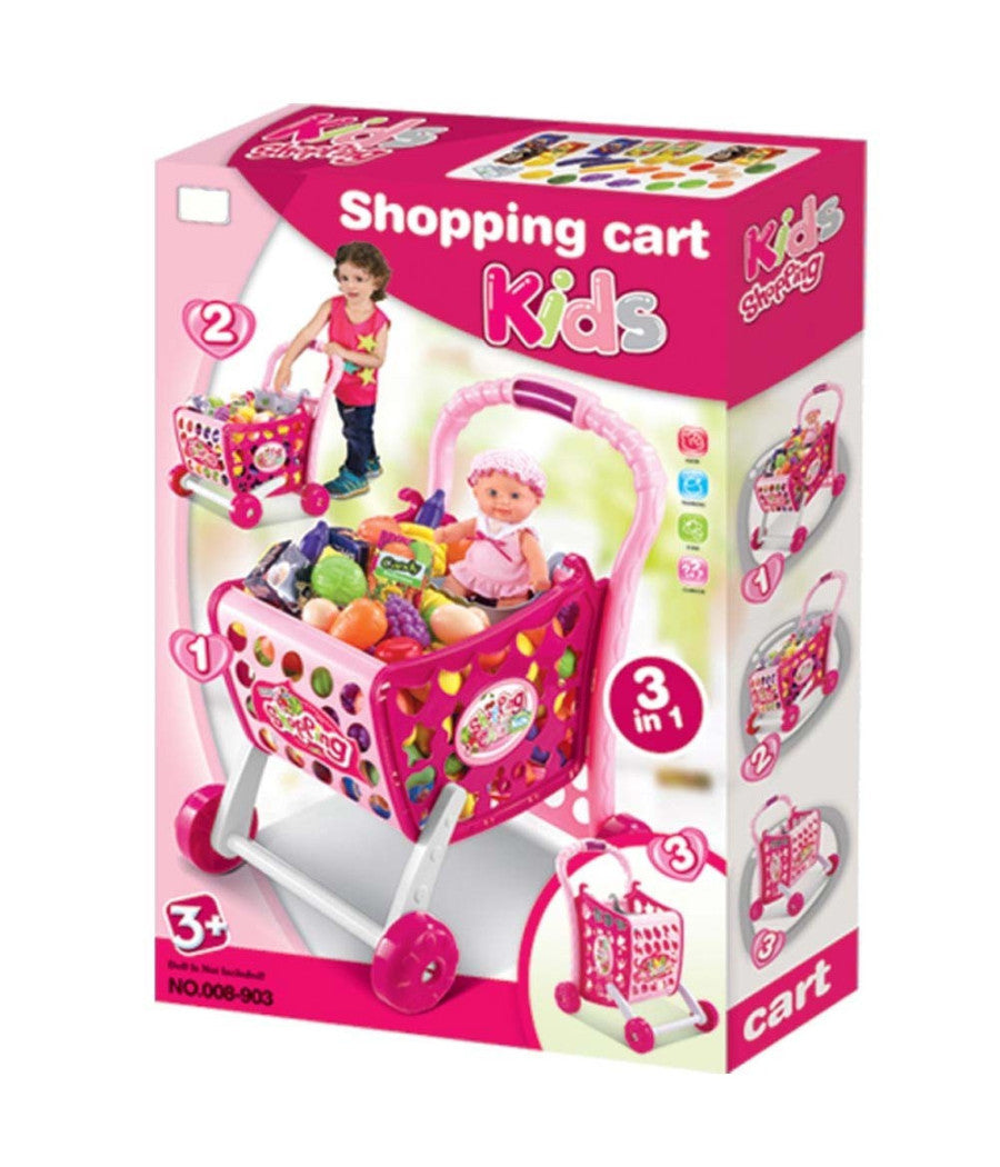 Carrello Spesa Supermarket Per Bambini Rosa Azzurro Con Frutta E Verdura 3in1         