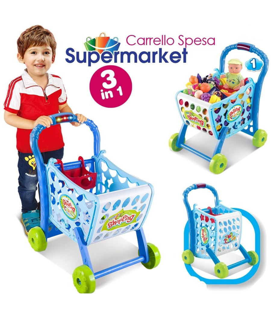 Carrello Spesa Supermarket Per Bambini Rosa Azzurro Con Frutta E Verdura 3in1         