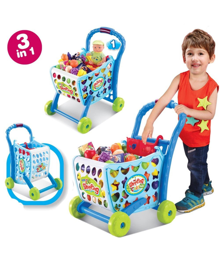 Carrello Spesa Supermarket Per Bambini Rosa Azzurro Con Frutta E Verdura 3in1         