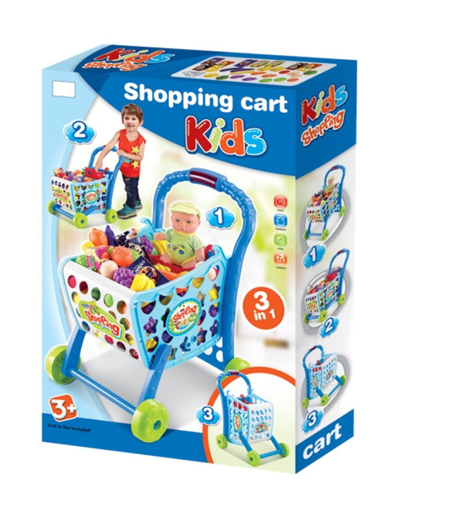 Carrello Spesa Supermarket Per Bambini Rosa Azzurro Con Frutta E Verdura 3in1         