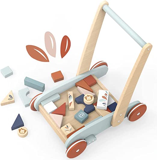 Carrello Primi Passi Cubetti Carrello Primi Passi Legno Montessori Carrello Multi attività a Spinta con Scomparto per Bl