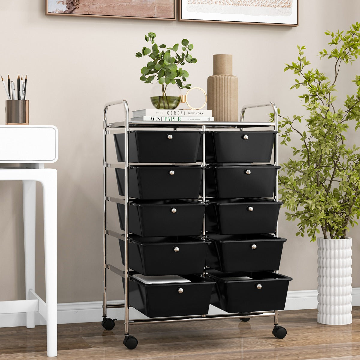 Carrello a 10 cassetti multiuso con ruote-Scaffale Organizzatore per carta da scrapbooking e utensili da ufficio Nero