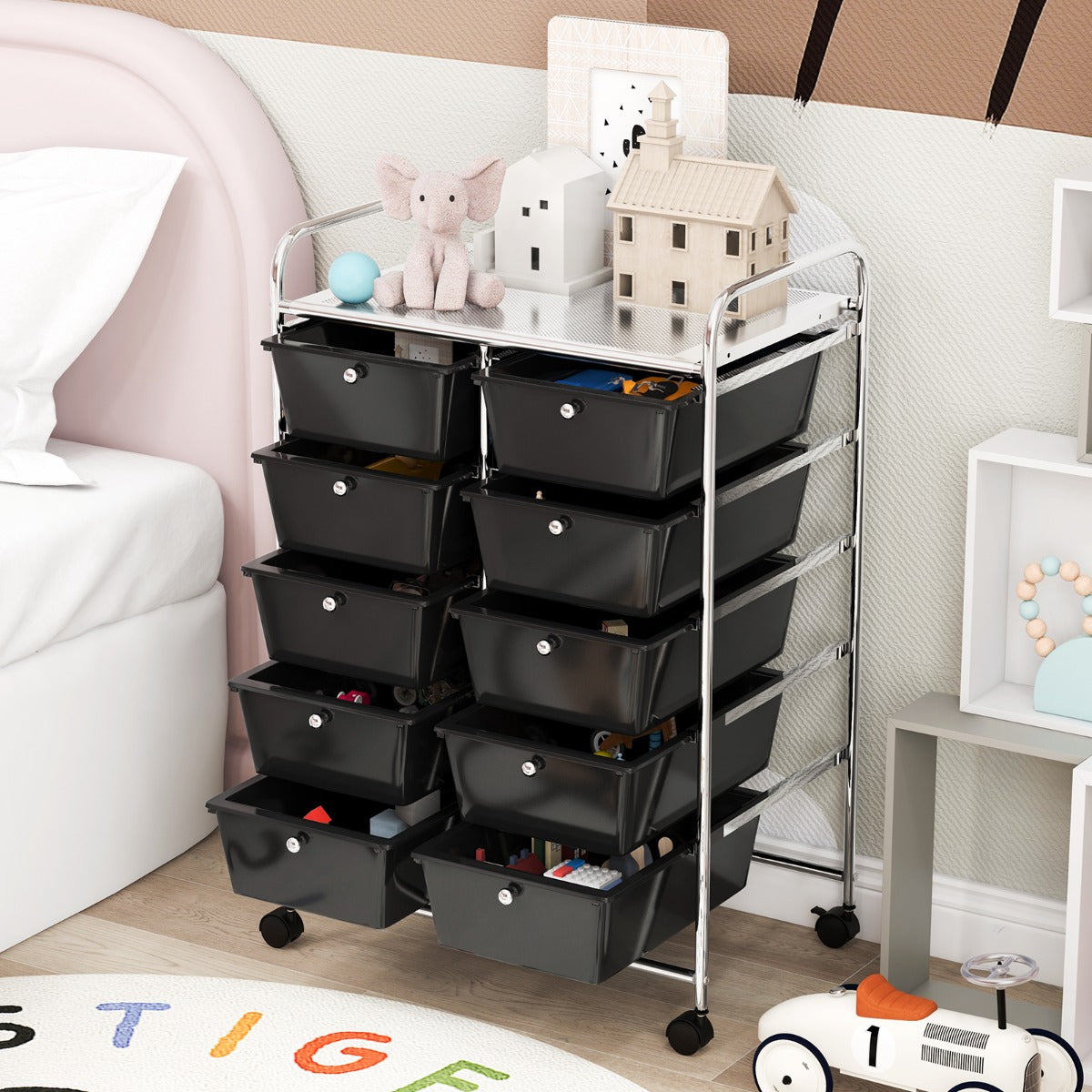 Carrello a 10 cassetti multiuso con ruote-Scaffale Organizzatore per carta da scrapbooking e utensili da ufficio Nero