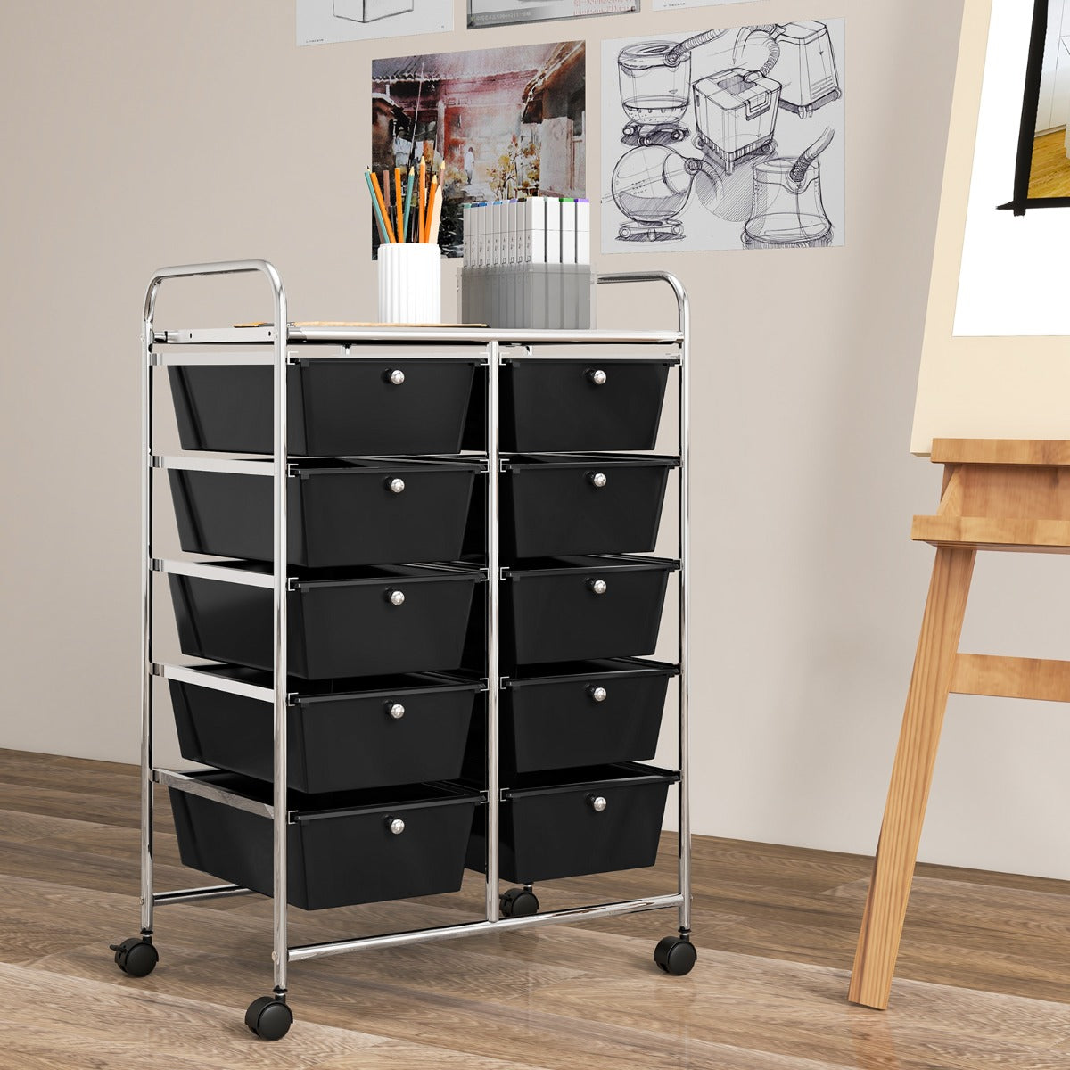 Carrello a 10 cassetti multiuso con ruote-Scaffale Organizzatore per carta da scrapbooking e utensili da ufficio Nero