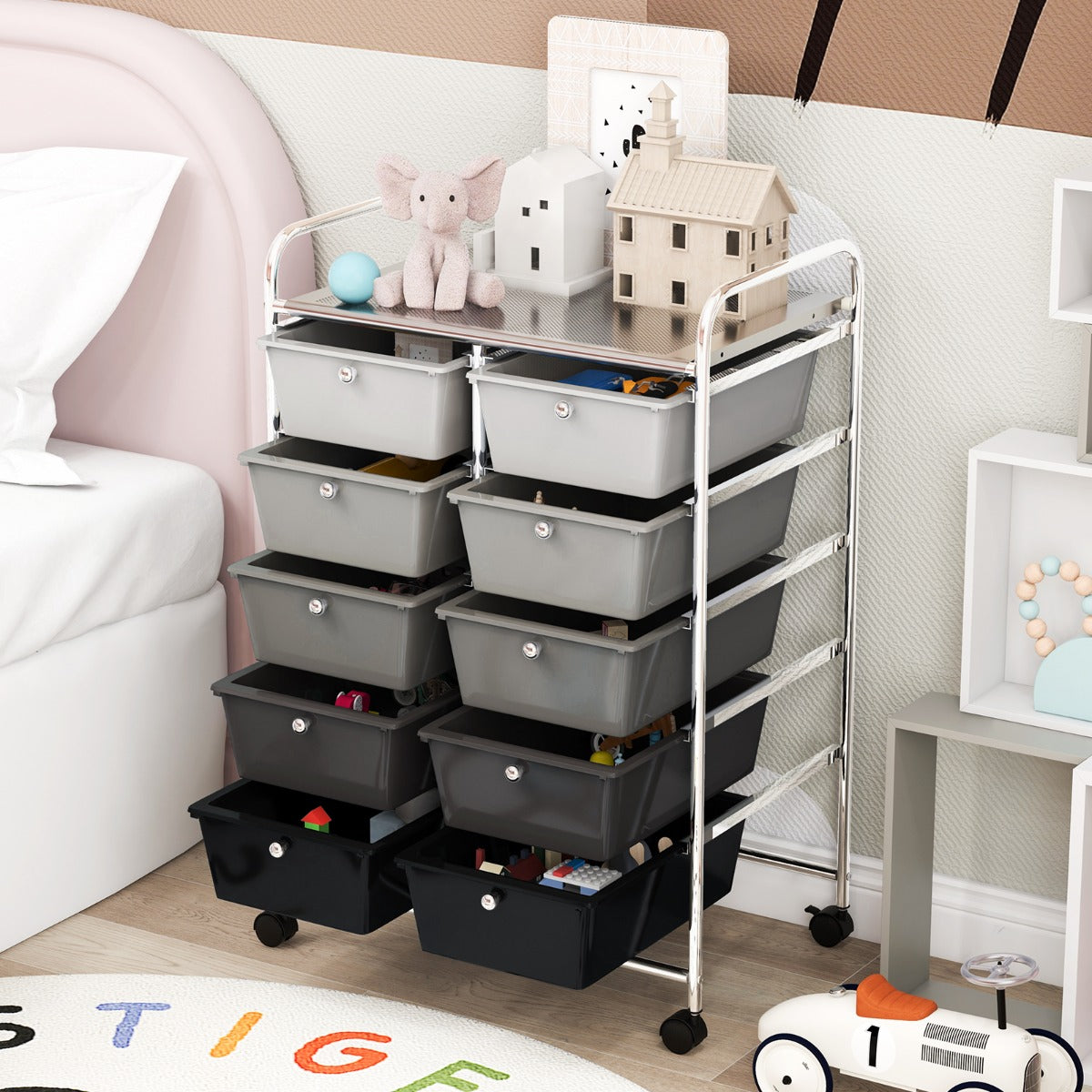 Carrello a 10 cassetti multiuso con ruote-Scaffale Organizzatore per carta da scrapbooking e utensili da ufficio Nero e argento