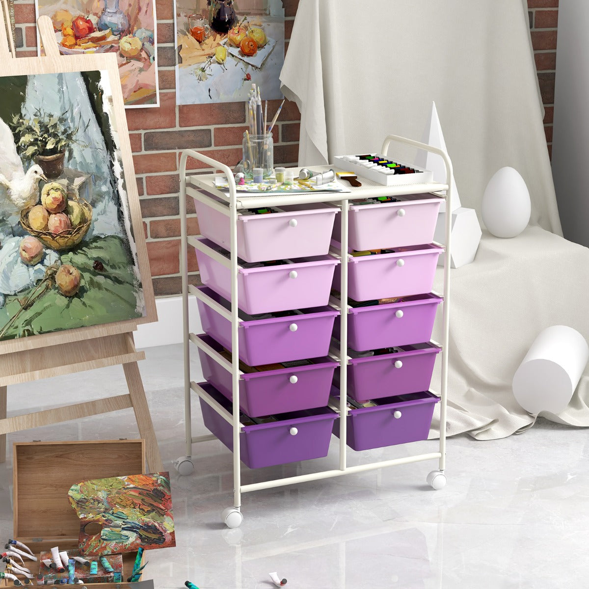 Carrello a 10 cassetti multiuso con ruote, Organizzatore per carta da scrapbooking e utensili da ufficio Viola-Armadi da ufficio