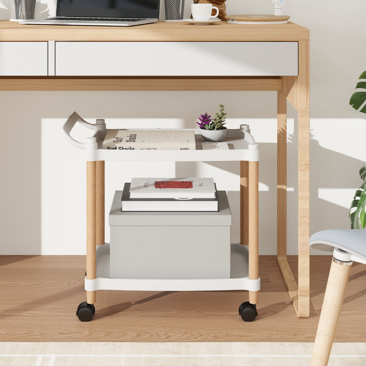 Carrello a 2 piani multiuso in plastica con ruote bloccabili, Carrello di stoccaggio per casa e ufficio Bianco-Armadi da ufficio