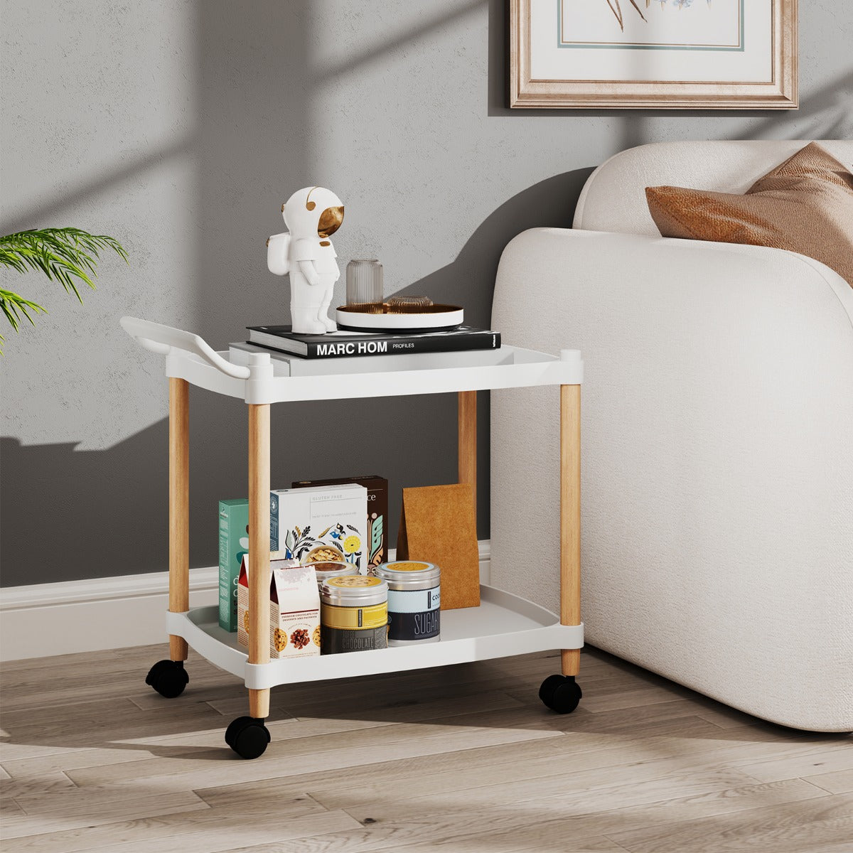 Carrello a 2 piani multiuso in plastica con ruote bloccabili, Carrello di stoccaggio per casa e ufficio Bianco-Armadi da ufficio