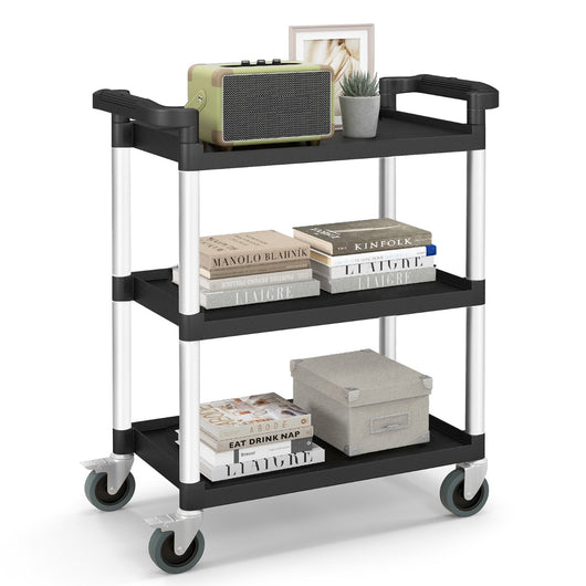 Carrello di servizio resistente con ruote bloccabili doppie maniglie in alluminio, Carrello a 3 livelli per magazzino ufficio cucina Nero-Carrelli