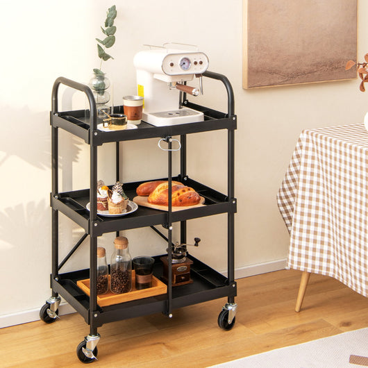 Carrello a 3 piani da cucina con ruote e corrimano universali, Carrello portatile per utensili pesanti Nero-Carrelli