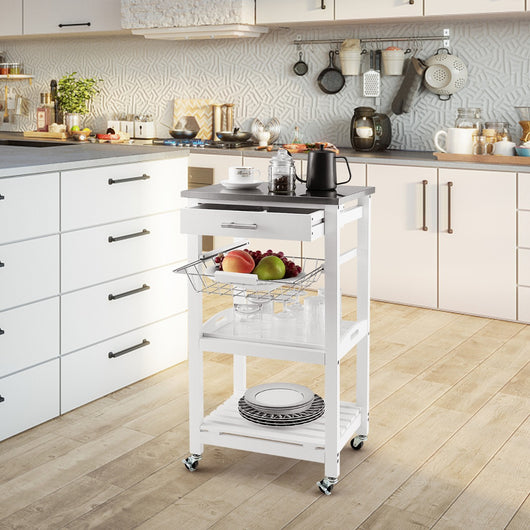 Carrello a 4 livelli con piano in acciaio inox cestino in rete e vassoio rimovibile, Carrello da cucina Isola da cucina Bianco-Carrelli