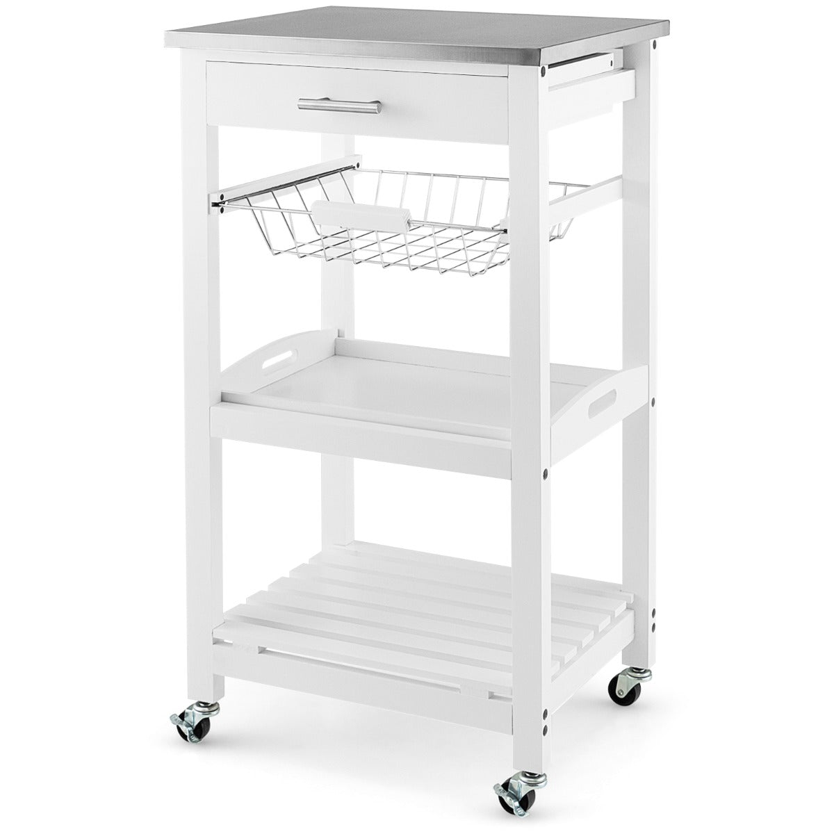 Carrello a 4 livelli con piano in acciaio inox cestino in rete e vassoio rimovibile, Carrello da cucina Isola da cucina Bianco-Carrelli