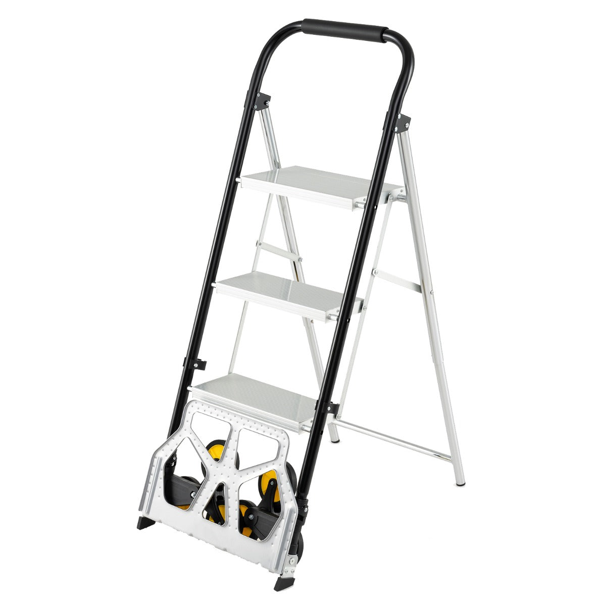 Sgabello a 3 gradini in alluminio con pedali antiscivolo con ruote, Carrello a mano pieghevole 2 in 1 e scala Nero e argento-Deposito utensili Tool
