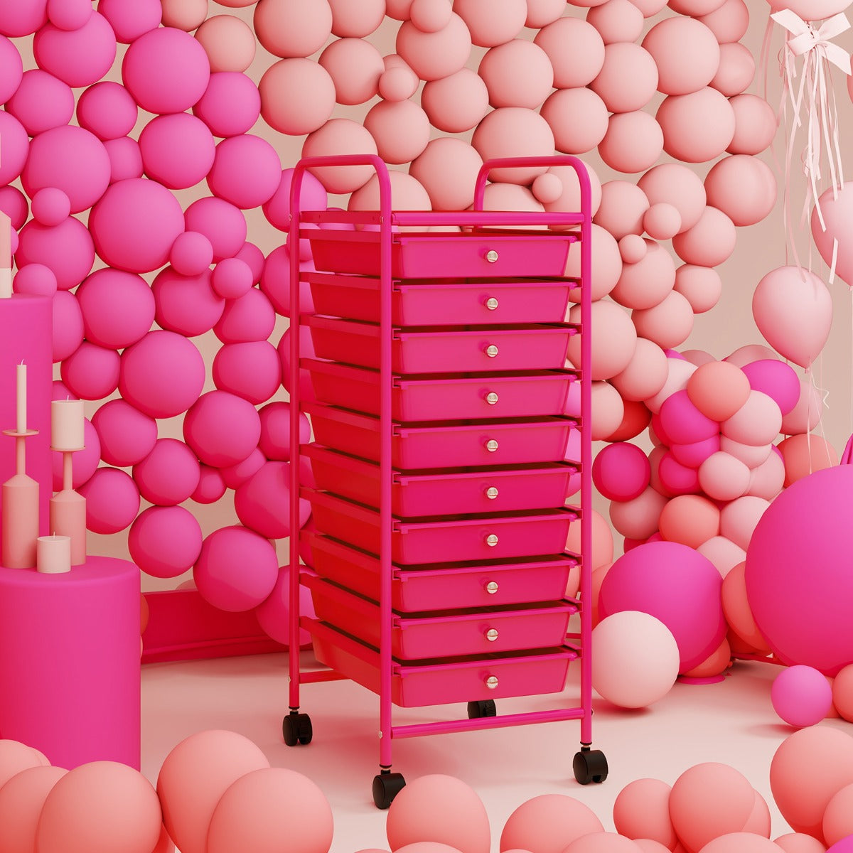 Carrello cassettiera multiuso da cucina, Carrello laterale con 10 cassetti 33 x 37 x 86 cm Rosa-Armadi da ufficio