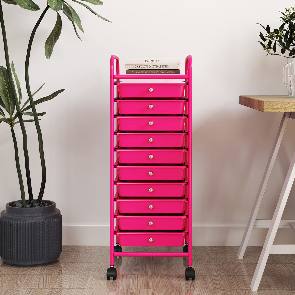 Carrello cassettiera multiuso da cucina, Carrello laterale con 10 cassetti 33 x 37 x 86 cm Rosa-Armadi da ufficio