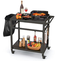 Carrello barbecue da esterno con 2 ripiani 4 ruote bloccabili ganci-Buffet-Armadio da cucina Carrello BBQ portatile per forno pizza Nero