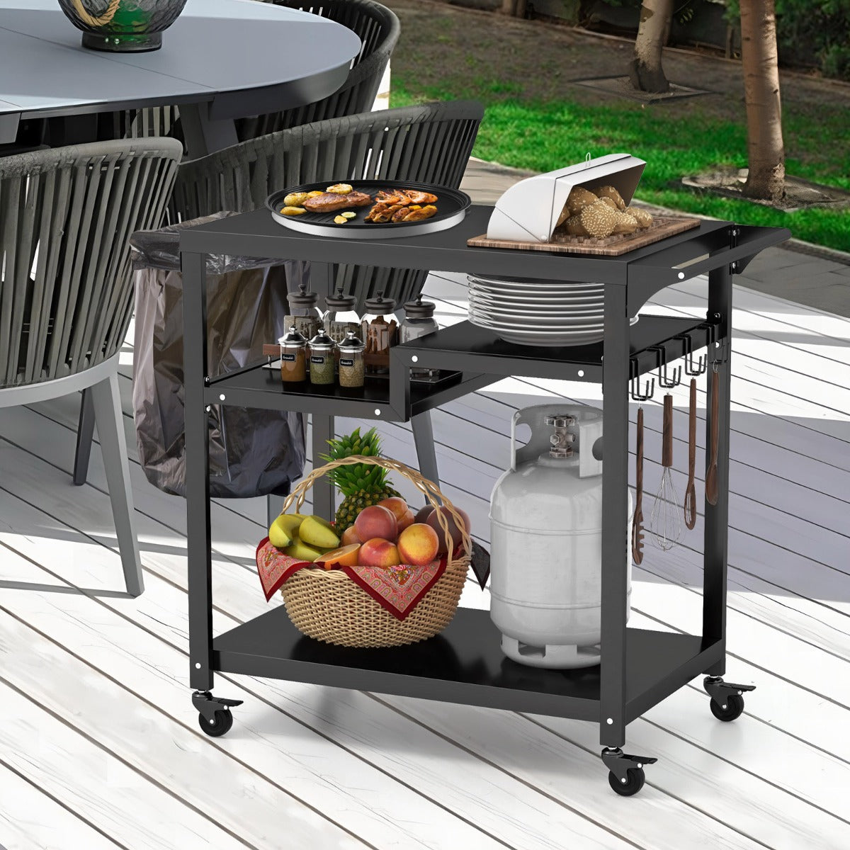 Carrello barbecue da esterno con 3 ripiani 4 ruote bloccabili maniglia laterale-Buffet-Armadio da cucina Carrello BBQ portatile Nero