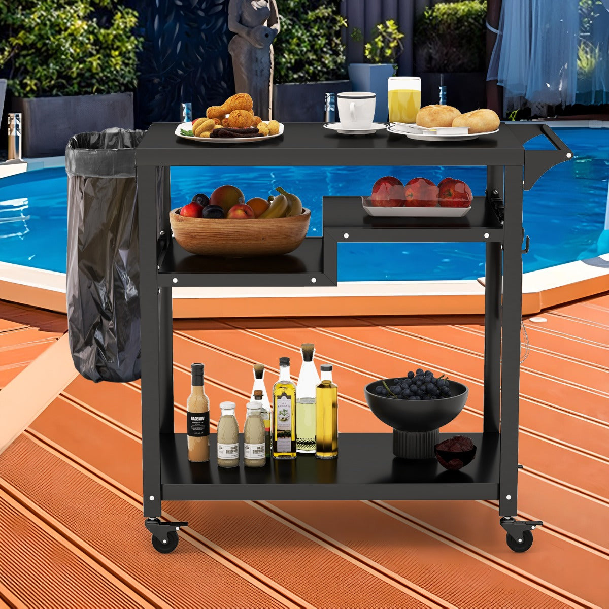 Carrello barbecue da esterno con 3 ripiani 4 ruote bloccabili maniglia laterale-Buffet-Armadio da cucina Carrello BBQ portatile Nero
