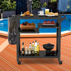 Carrello barbecue da esterno con 3 ripiani 4 ruote bloccabili maniglia laterale-Buffet-Armadio da cucina Carrello BBQ portatile Nero