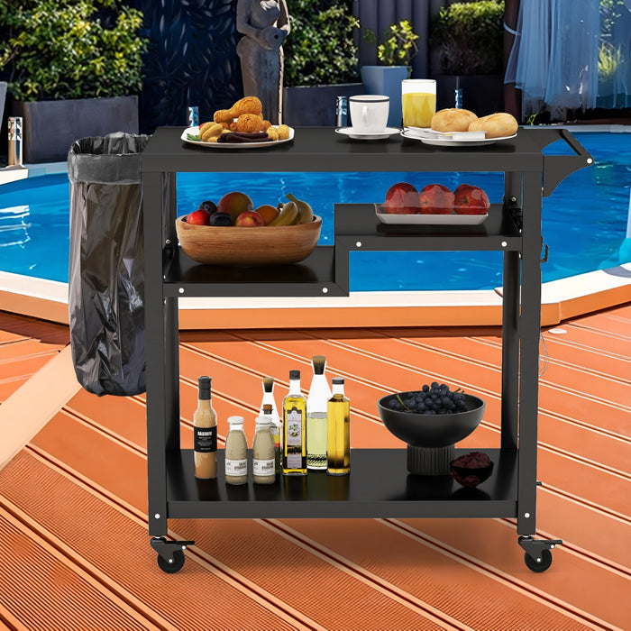 Carrello barbecue da esterno con 3 ripiani 4 ruote bloccabili maniglia laterale-Buffet-Armadio da cucina Carrello BBQ portatile Nero
