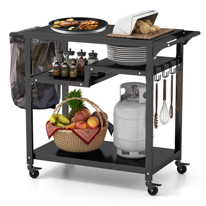 Carrello barbecue da esterno con 3 ripiani 4 ruote bloccabili maniglia laterale-Buffet-Armadio da cucina Carrello BBQ portatile Nero