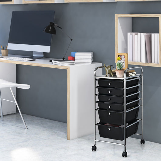 Carrello cassettiera multiuso con 6 cassettiera in plastica con ruote, Carrello per cucina 43,5x34x76cm Nero-Armadi da ufficio
