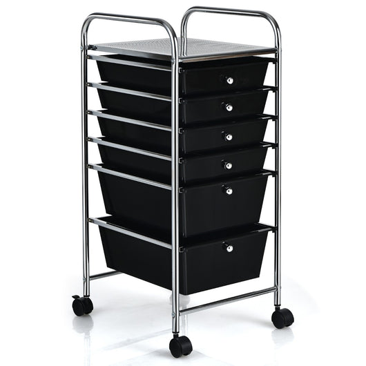 Carrello cassettiera multiuso con 6 cassettiera in plastica con ruote, Carrello per cucina 43,5x34x76cm Nero-Armadi da ufficio