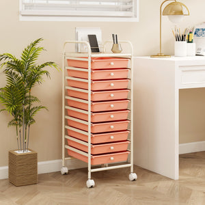 Carrello cassettiera multiuso con 10 cassetti da cucina-Buffet-Armadio da cucina Contenitore con ruote a 10 ripiani per bagno Oro rosa