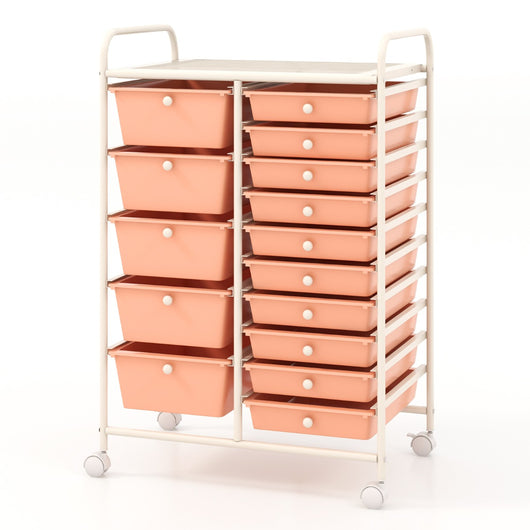 Carrello con 15 cassetti estraibili e ruote con freno, Carrello multiuso per casa ufficio scuola Oro rosa-Armadi da ufficio