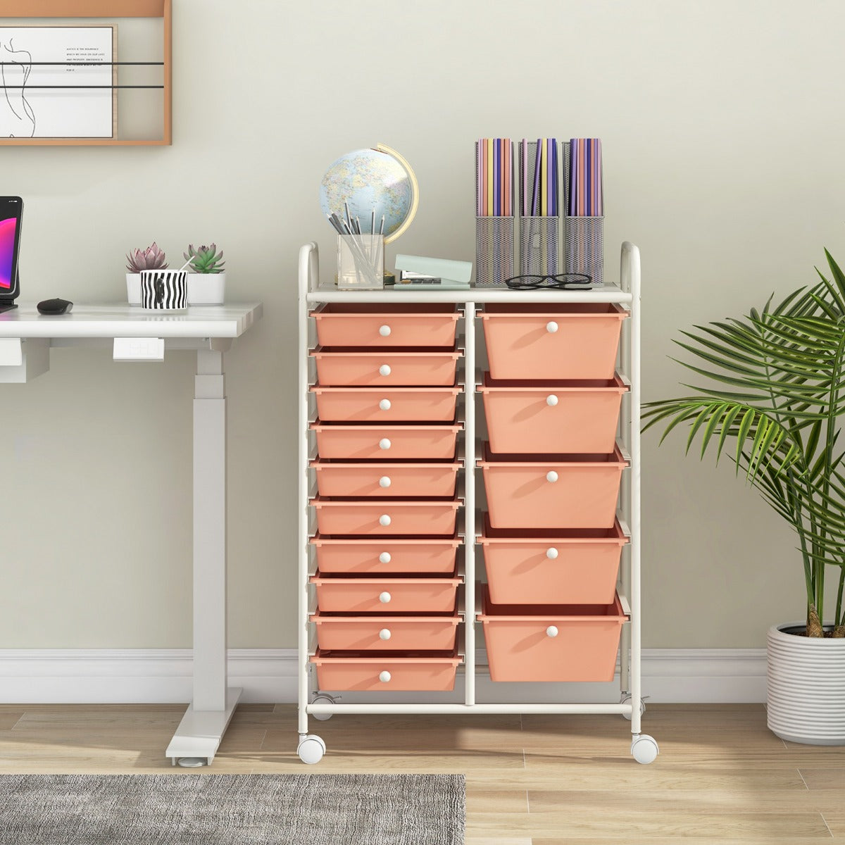 Carrello con 15 cassetti estraibili e ruote con freno, Carrello multiuso per casa ufficio scuola Oro rosa-Armadi da ufficio