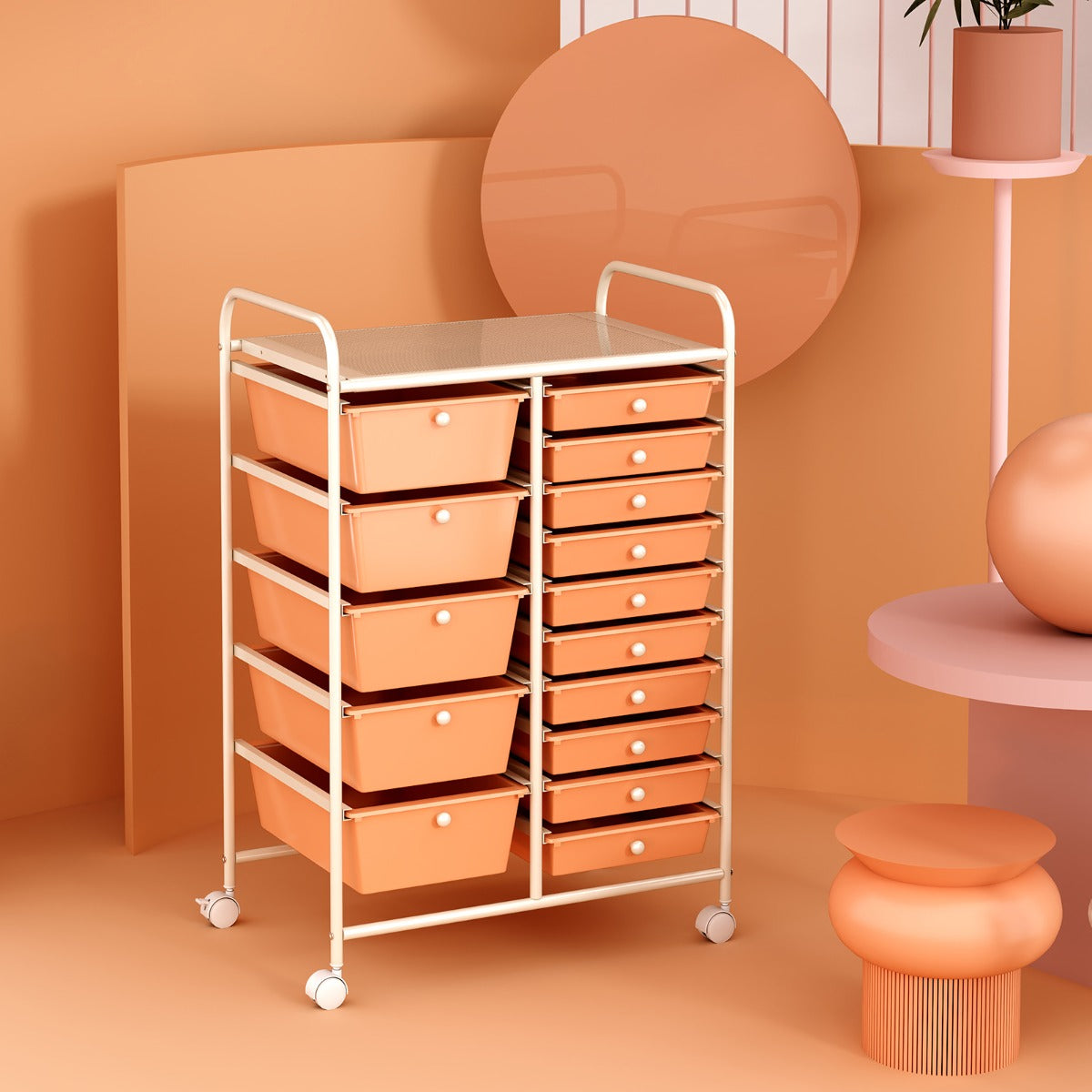 Carrello con 15 cassetti estraibili e ruote con freno, Carrello multiuso per casa ufficio scuola Oro rosa-Armadi da ufficio