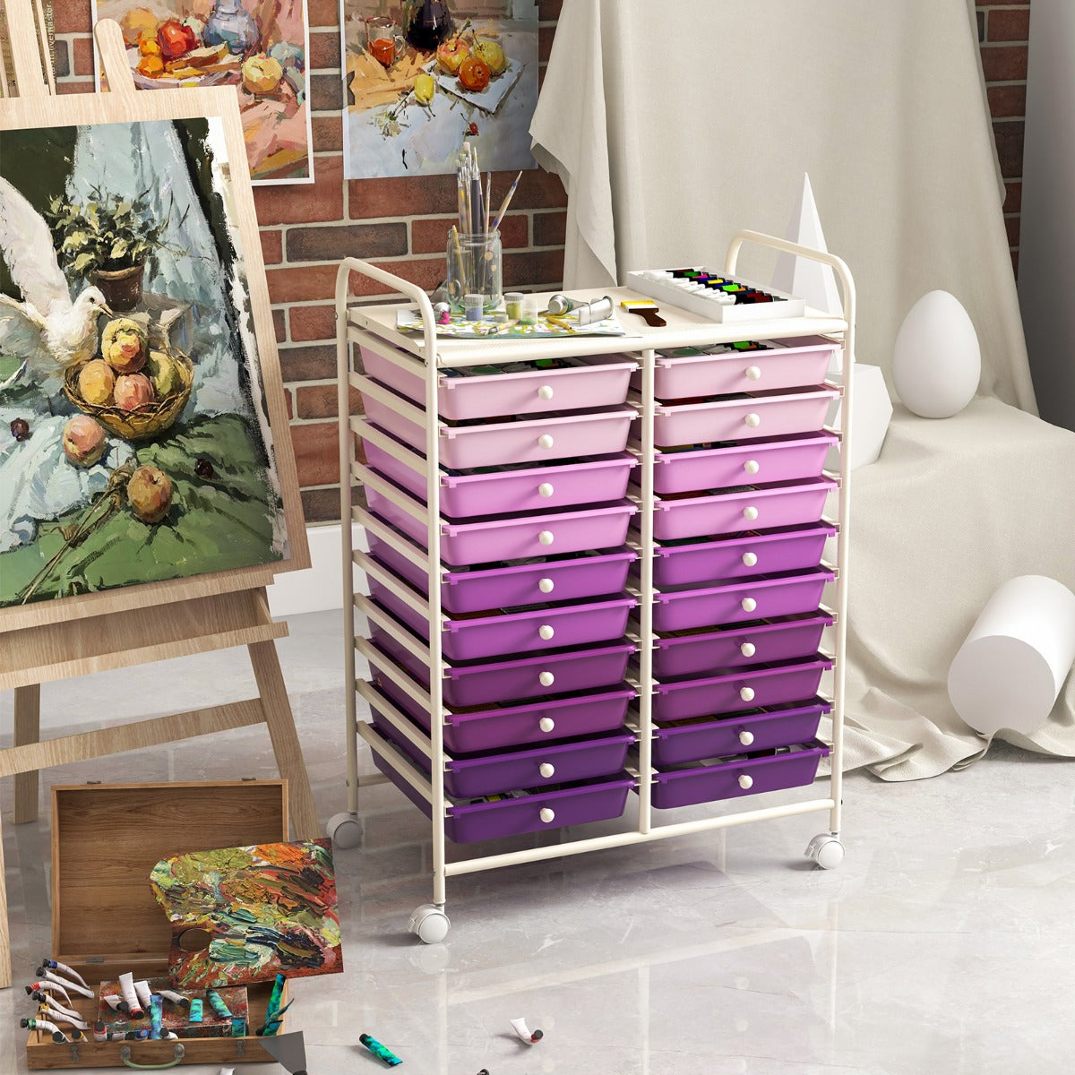 Carrello cassettiera multiuso e leggero con 20 cassetti, Contenitore con ruote per ufficio e casa Viola-Armadi da ufficio