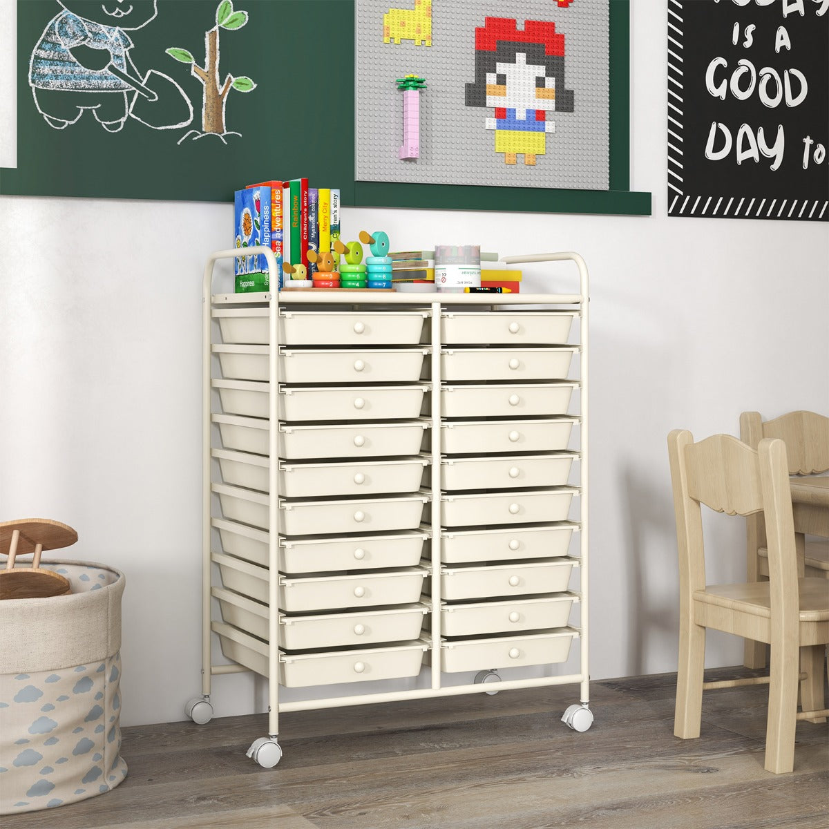 Carrello cassettiera multiuso e leggero con 20 cassetti, Contenitore con ruote per ufficio e casa Bianco-Armadi da ufficio