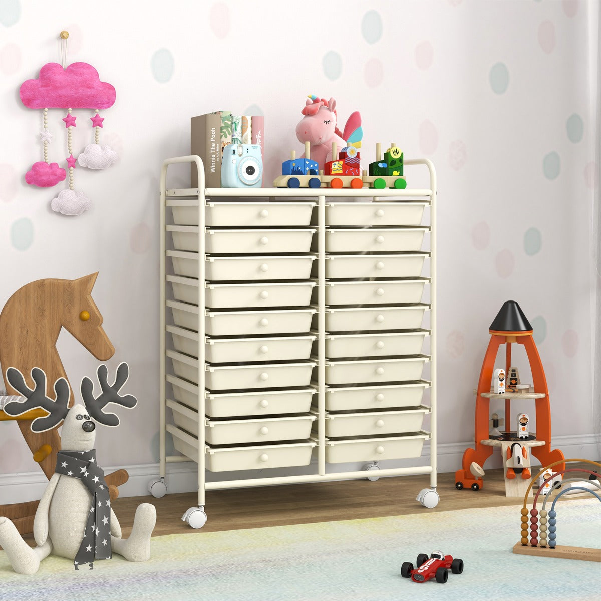 Carrello cassettiera multiuso e leggero con 20 cassetti, Contenitore con ruote per ufficio e casa Bianco-Armadi da ufficio