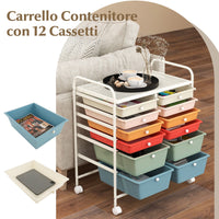 Carrello con 12 cassetti in plastica da ufficio e domestico, Carrello multiuso 64x38x75cm Colorato 2-Armadi da ufficio