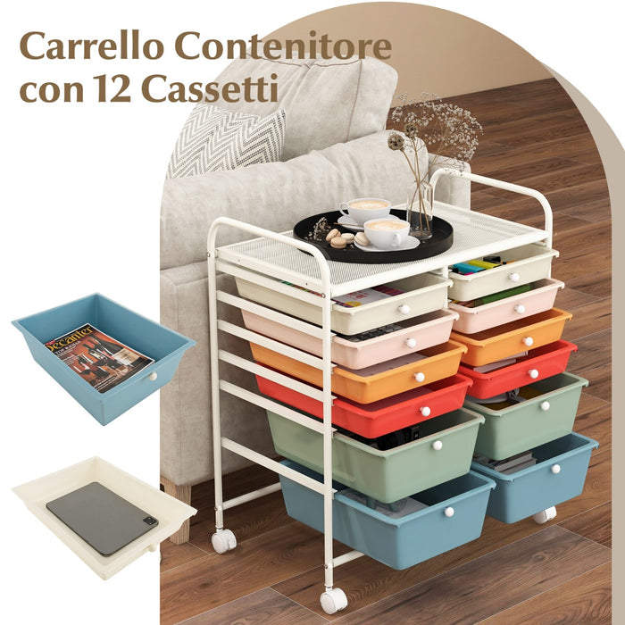 Carrello con 12 cassetti in plastica da ufficio e domestico, Carrello multiuso 64x38x75cm Colorato 2-Armadi da ufficio