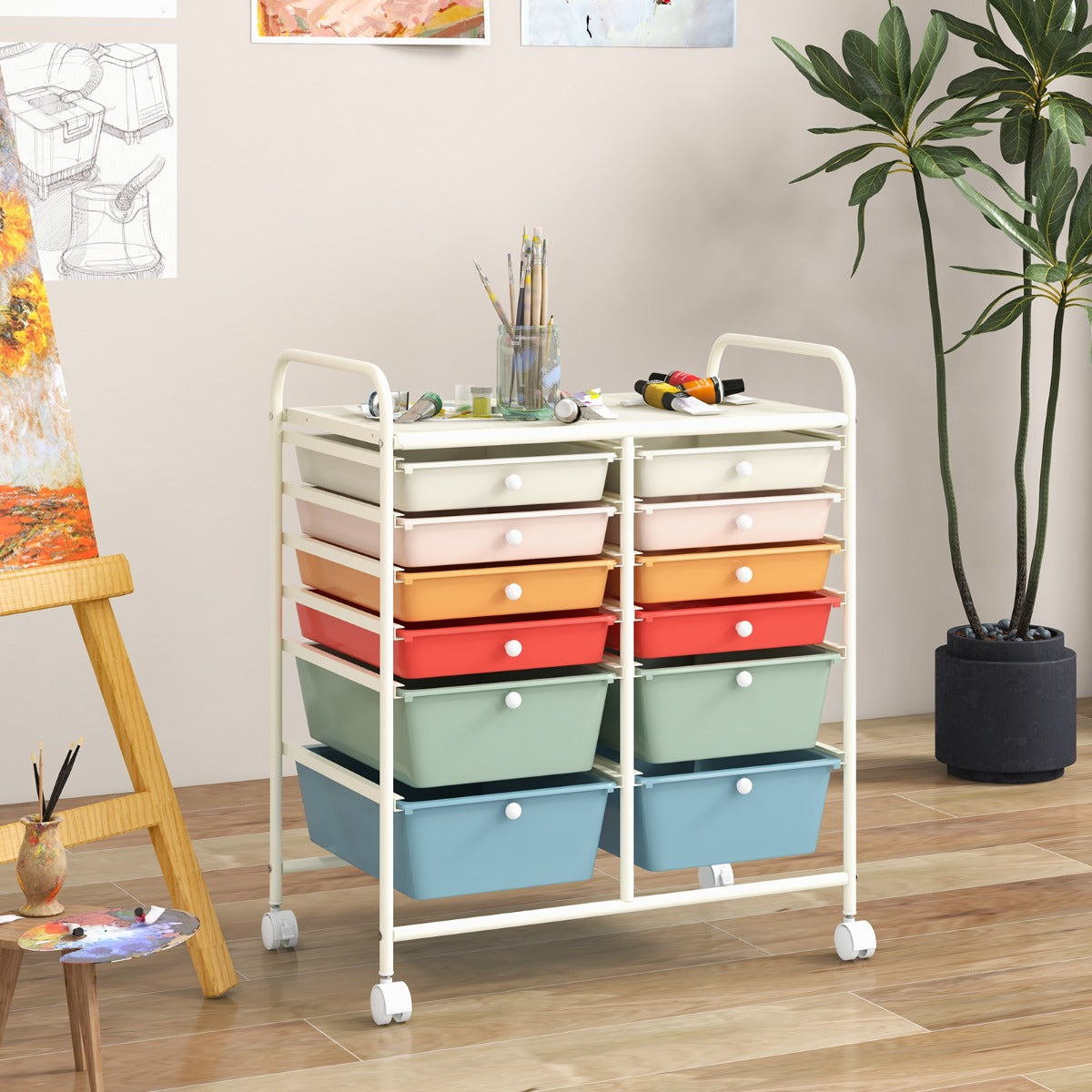 Carrello con 12 cassetti in plastica da ufficio e domestico, Carrello multiuso 64x38x75cm Colorato 2-Armadi da ufficio