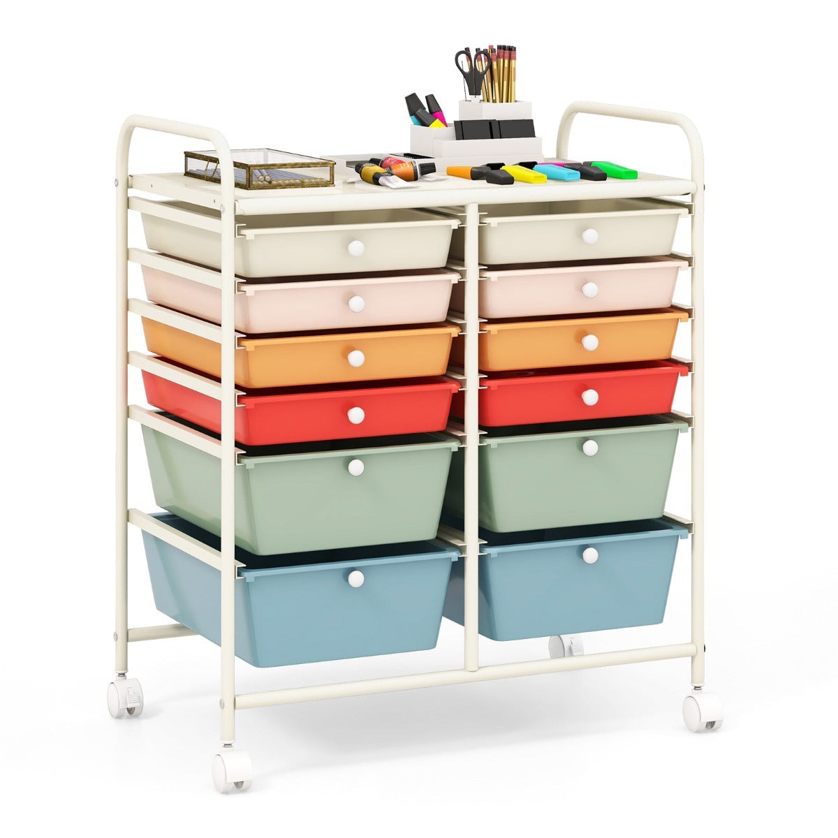 Carrello con 12 cassetti in plastica da ufficio e domestico, Carrello multiuso 64x38x75cm Colorato 2-Armadi da ufficio