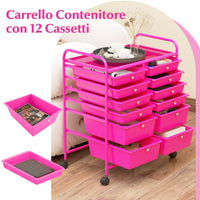 Carrello con 12 cassetti in plastica da ufficio e domestico, Carrello multiuso 64x38x75cm Rosa scuro-Armadi da ufficio