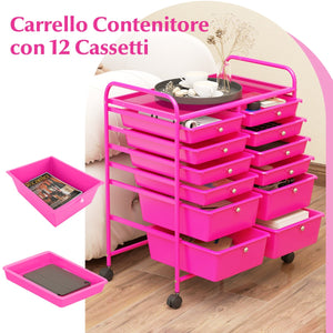 Carrello con 12 cassetti in plastica da ufficio e domestico, Carrello multiuso 64x38x75cm Rosa scuro-Armadi da ufficio