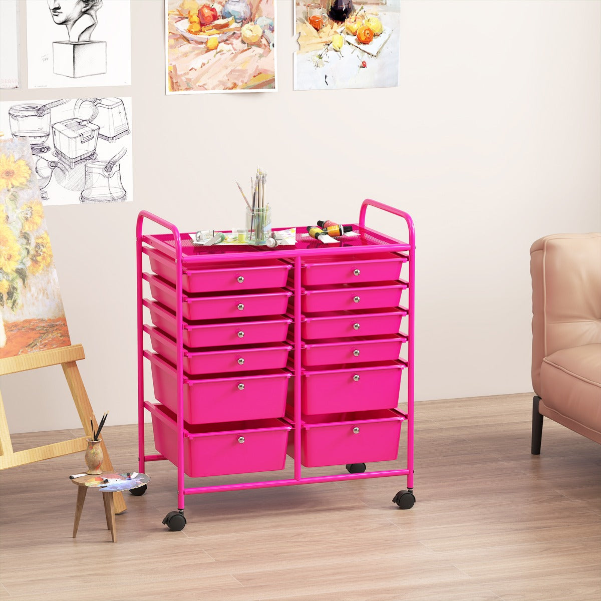 Carrello con 12 cassetti in plastica da ufficio e domestico, Carrello multiuso 64x38x75cm Rosa scuro-Armadi da ufficio