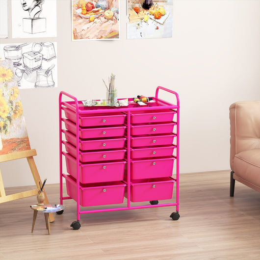 Carrello con 12 cassetti in plastica da ufficio e domestico, Carrello multiuso 64x38x75cm Rosa scuro-Armadi da ufficio